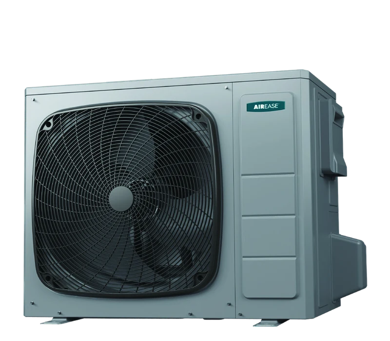 AirEase side-discharge outdoor heat pump with a front fan grille.